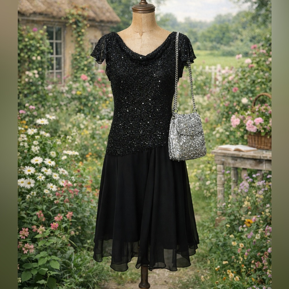 Vintage Y2K JKARA Black Sequin Drop Waist Dress